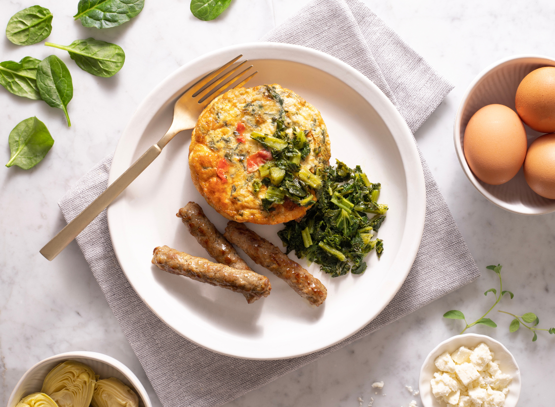 Artichoke, Spinach & Red Pepper Egg Frittata with Turkey Sausage