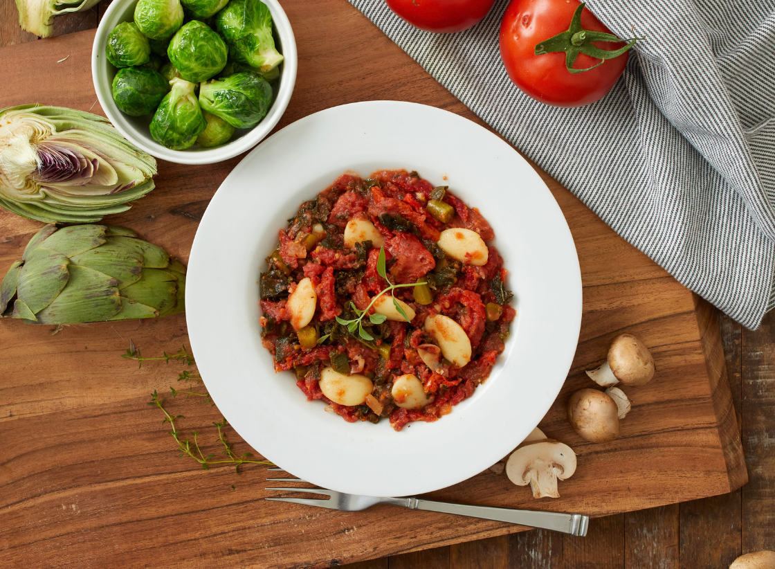 Butter Bean Ragu with Roasted Garlic Brussels Sprouts