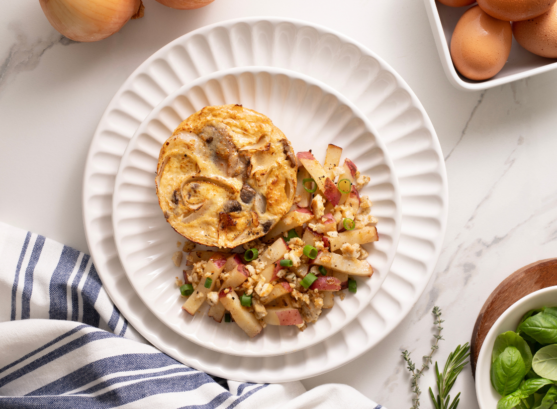 Caramelized Onion & Mushroom Egg Frittata with Chicken Sausage Home Fries