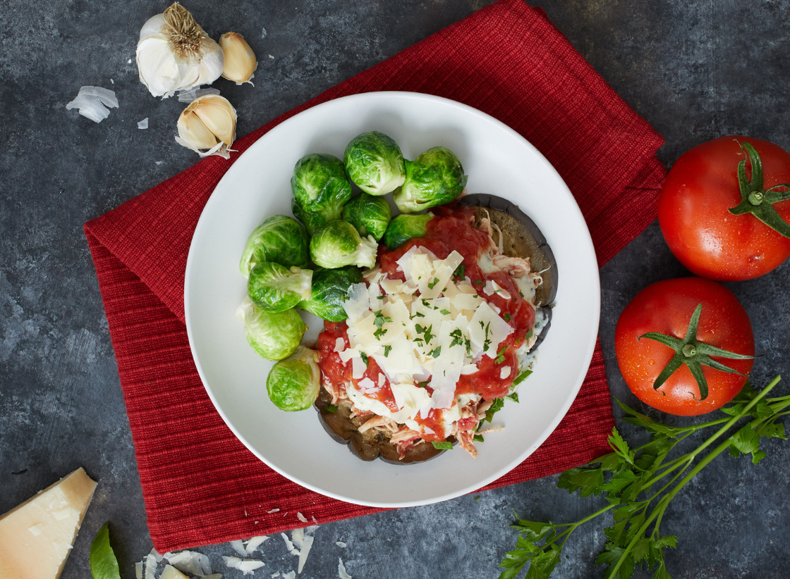 Chicken Eggplant Parmesan with Roasted Garlic Brussels Sprouts
