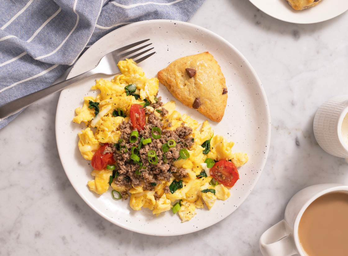 Egg & Tomato Scramble with Chicken Sausage Hash