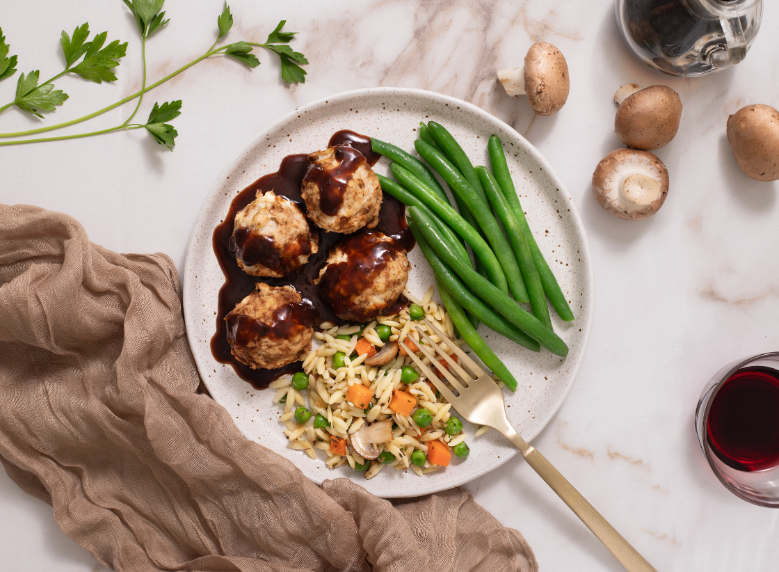Merlot Chicken Meatballs with Orzo Pasta