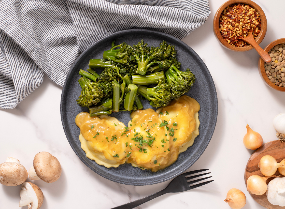 Mushroom Ravioli with Lentil Sauce