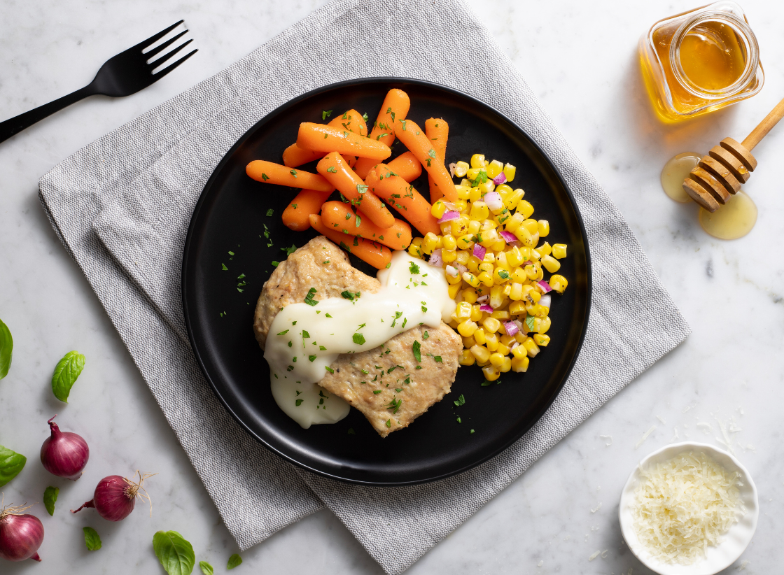 Parmesan Chicken Patty with Honey Glazed Carrots & Corn Salad