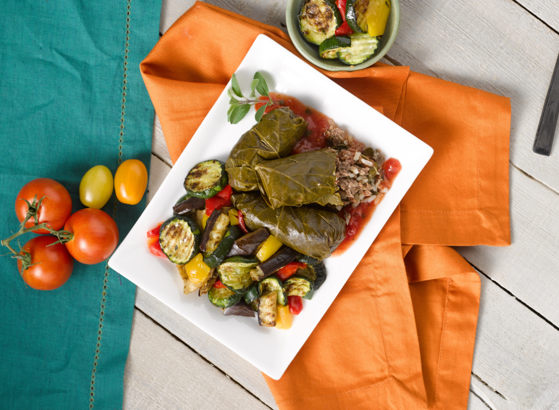 Beef Stuffed Grape Leaves with Tomato Sauce
