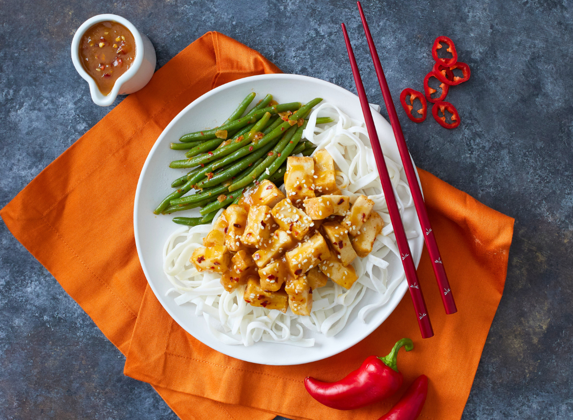 Sesame Tofu with Rice Noodles & Szechuan Green Beans