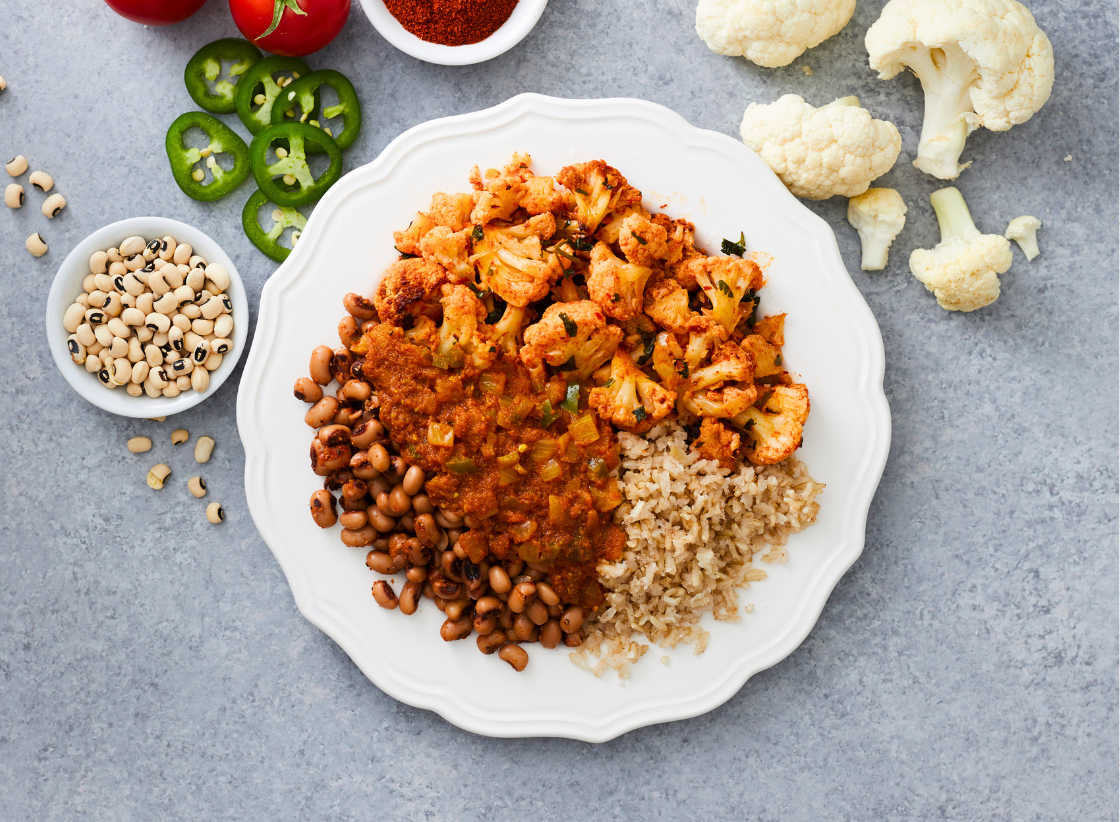 Spicy Black-Eyed Pea Curry with Harissa Cauliflower
