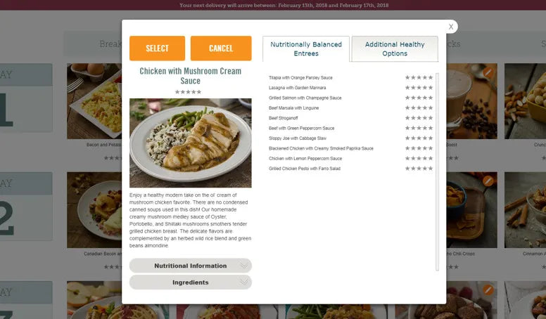 Website customization meal overview and substitution screen 