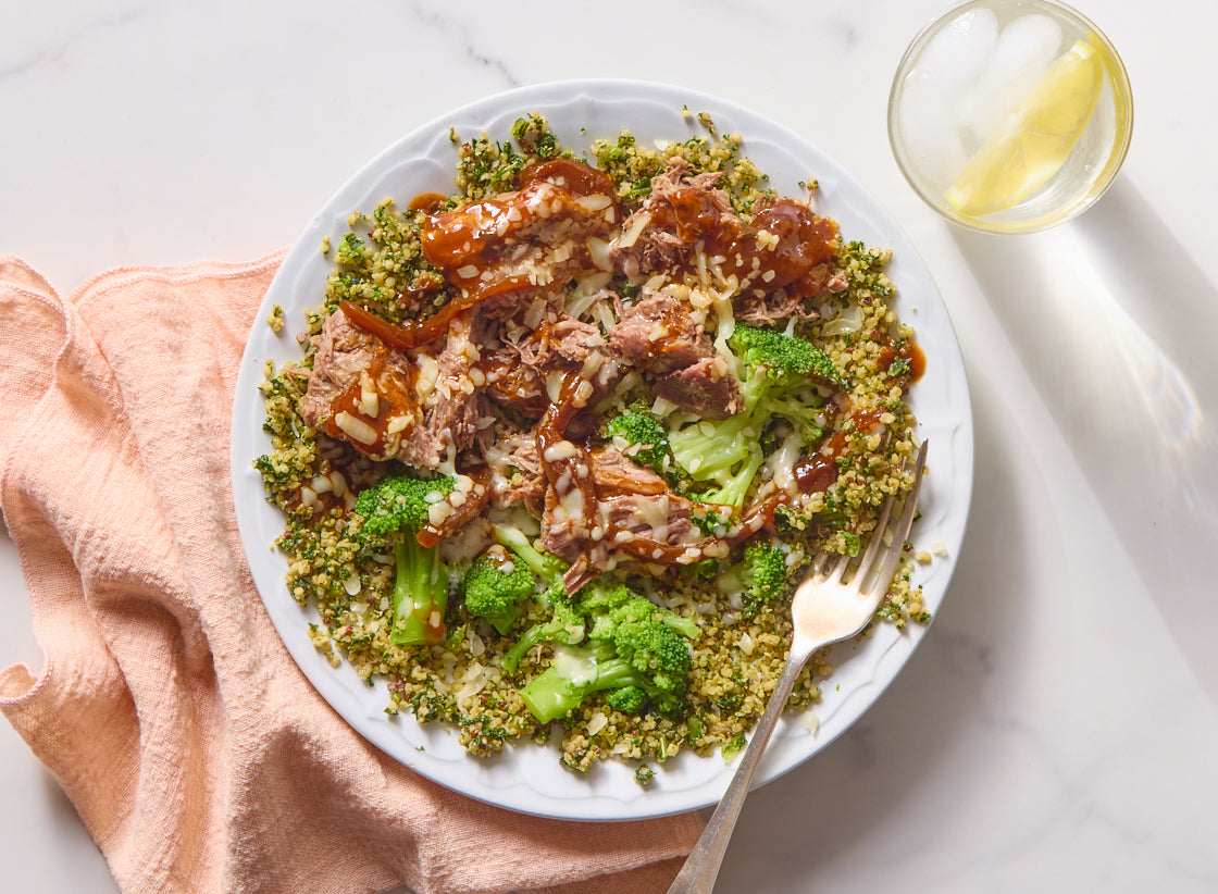 Pulled Beef with Cheesy Quinoa & Kale