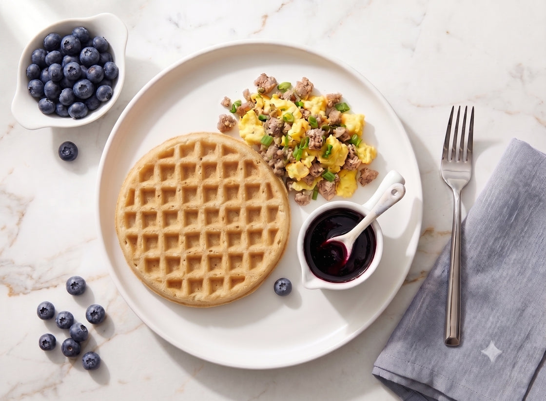 Blueberry Waffle with Egg & Turkey Sausage Scramble