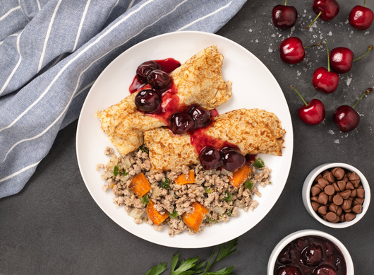 Chocolate Chip Crepes with Pork Sausage Hash