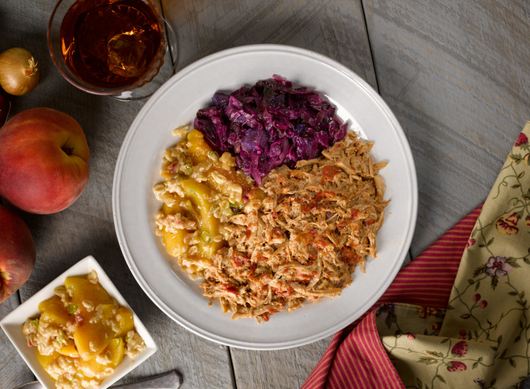 Hickory Smoked BBQ Pork with Peach Crisp