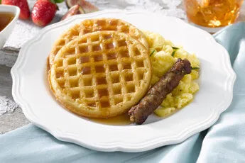 Homestyle Waffles with Scrambled Eggs Breakfast Meal