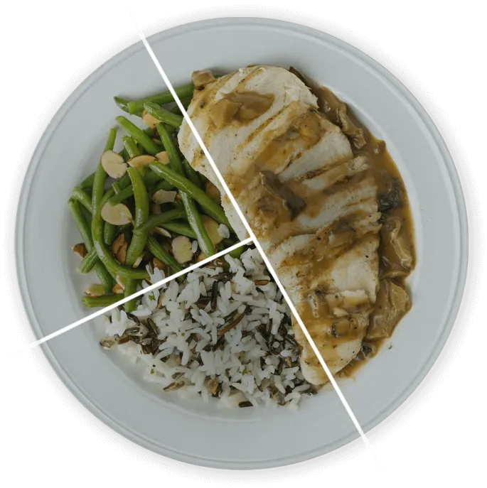 Photo of meal on plate divided into a pie chart of macros