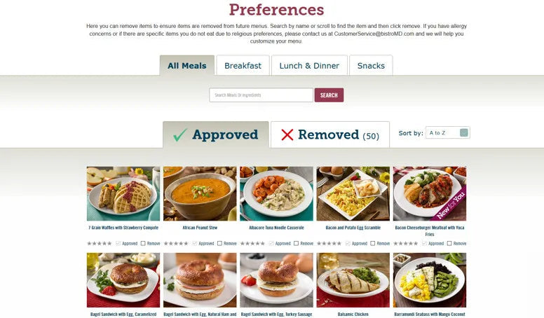 Website customization meal preferences screen 